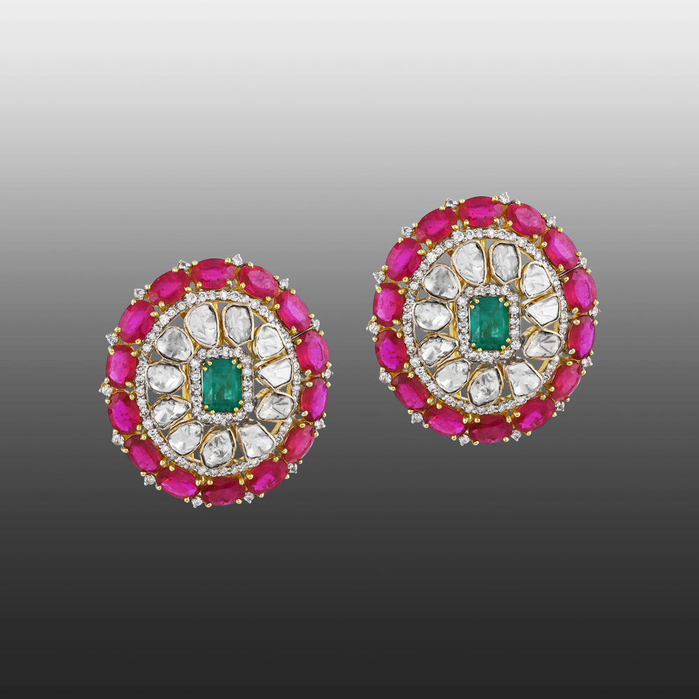 Round Earrings with Green and Red Colour Stone and Polki Diamonds